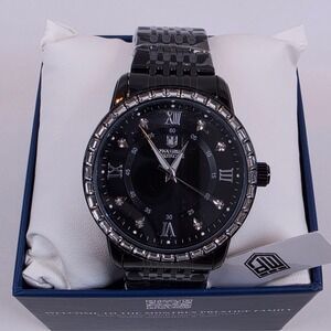 Montres Prestige Mens Black Stainless Steel Crystal Bezel Watch Analog Quartz